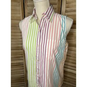 Vintage 90s Ralph Lauren Pastel Striped Sleeveless Cotton Button Down Blouse MED